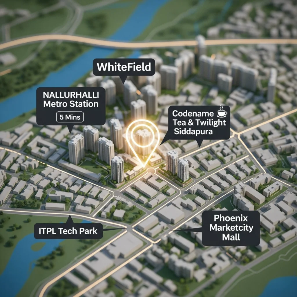 Premium 3D location map of Codename Tea & Twilight in Whitefield, showing proximity to NALLURHALLI Metro and ITPL.